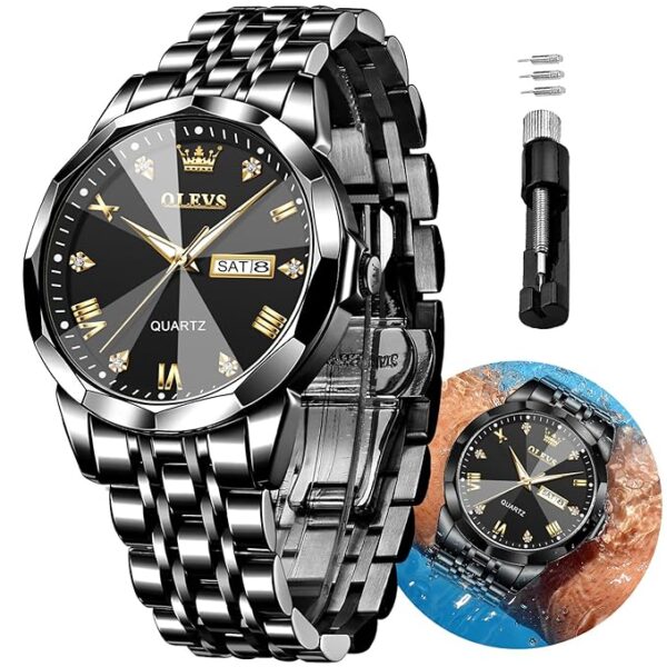 OLEVS Watch for Men Diamond Business Dress Analog Quartz Stainless Steel Waterproof Luminous Date Two Tone Luxury Casual Wrist Watch - Image 5